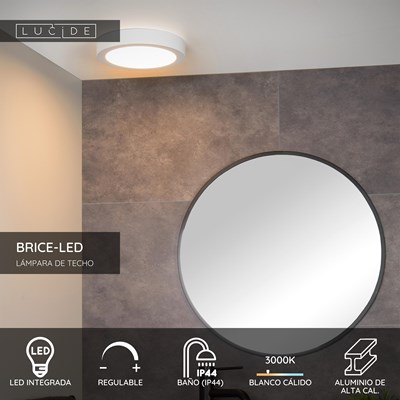 Lucide BRICE-LED - Lámpara de techo Baño - Ø 24 cm - LED Regul. - 1x15W 3000K - IP44 - Blanco